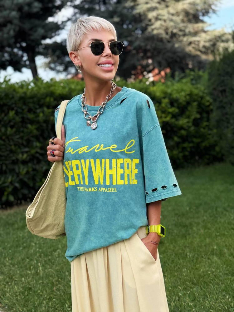 PETROL DISTRESSED PRINTED OVERSIZE T-SHIRT
