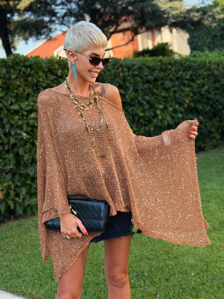 Pullu Asimetrik Kesim Pullu Panço Camel