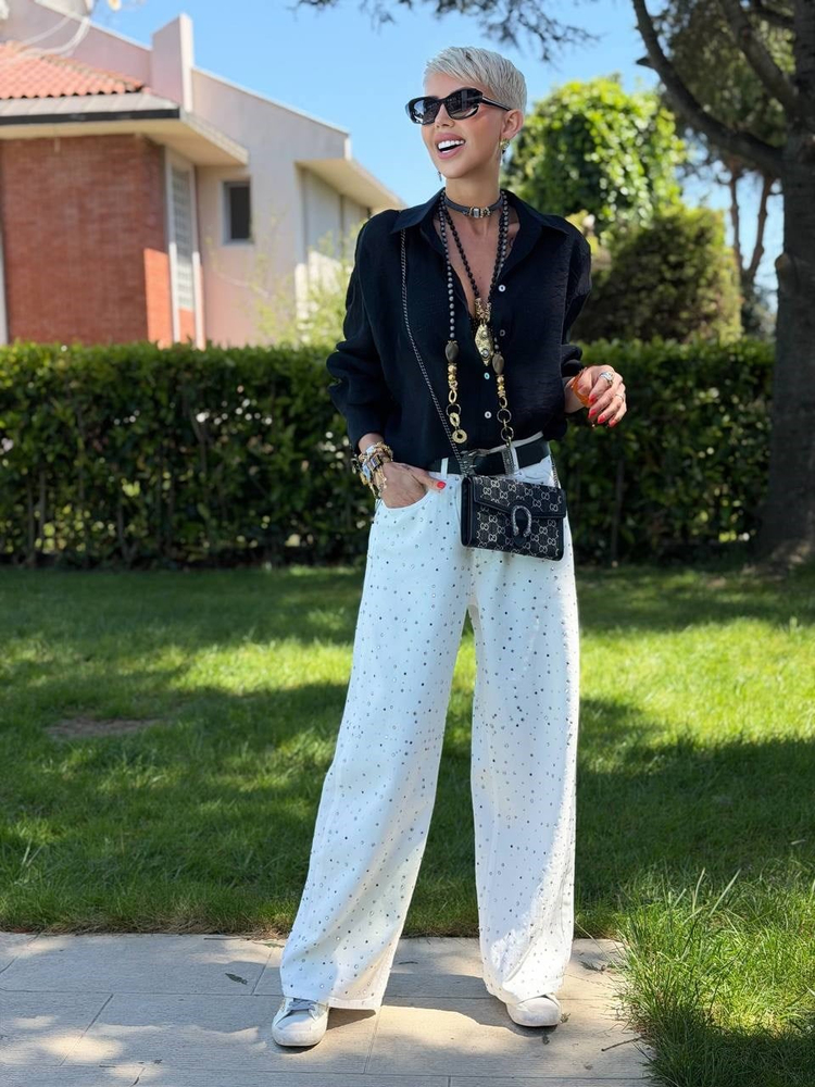 S.STUDIO BEYAZ TAŞ BASKI PALAZZO PANTOLON