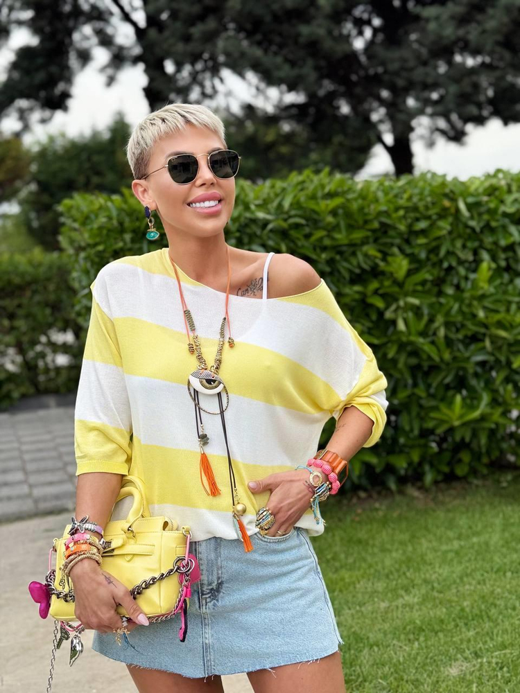YELLOW AND WHITE STRIPED BOAT-NECK MERCERIZED BLOUSE