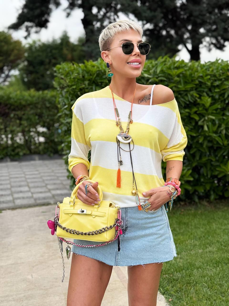 YELLOW AND WHITE STRIPED BOAT-NECK MERCERIZED BLOUSE
