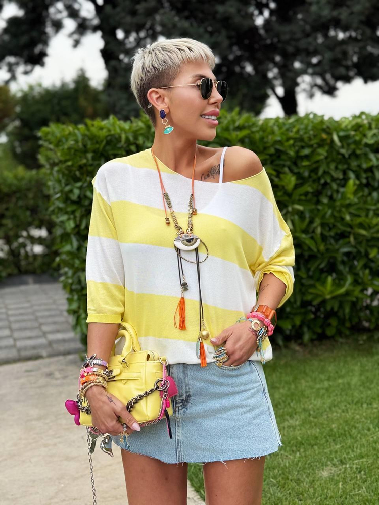 YELLOW AND WHITE STRIPED BOAT-NECK MERCERIZED BLOUSE