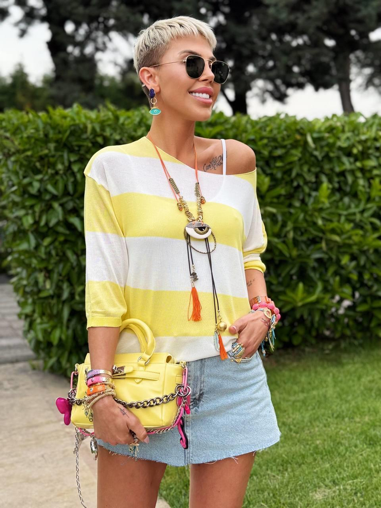 YELLOW AND WHITE STRIPED BOAT-NECK MERCERIZED BLOUSE