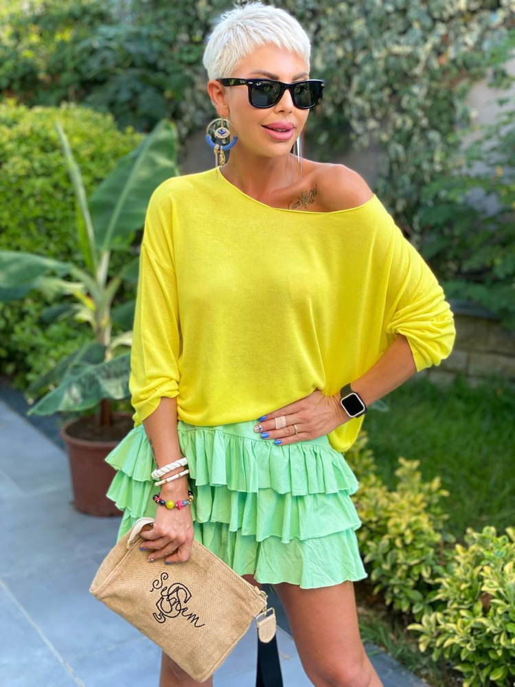 YELLOW BOAT-NECK MERCERIZED BLOUSE