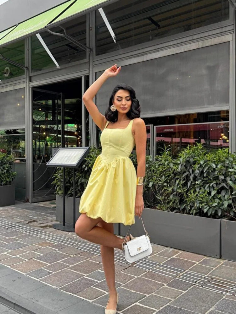 SARI POPLİN BALON ETEK MİNİ ELBİSE