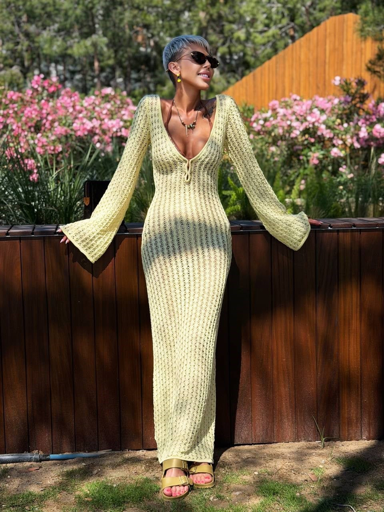 SARI S.STUDIO GOLD TOKA DETAY AJUR TRİKO ELBİSE