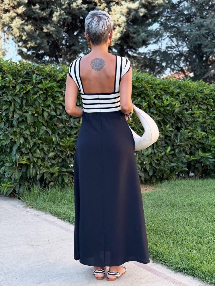 BLACK AND WHITE CROSS-NECK DRESS