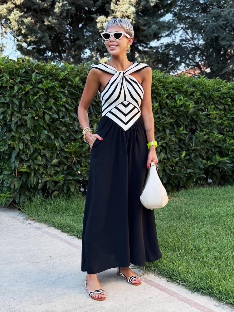 BLACK AND WHITE CROSS-NECK DRESS