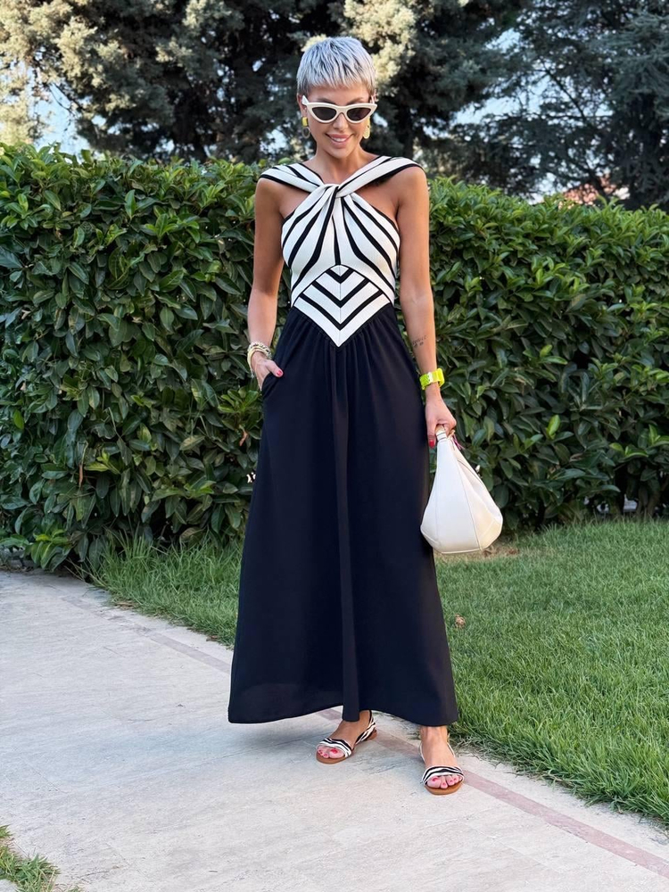 BLACK AND WHITE CROSS-NECK DRESS