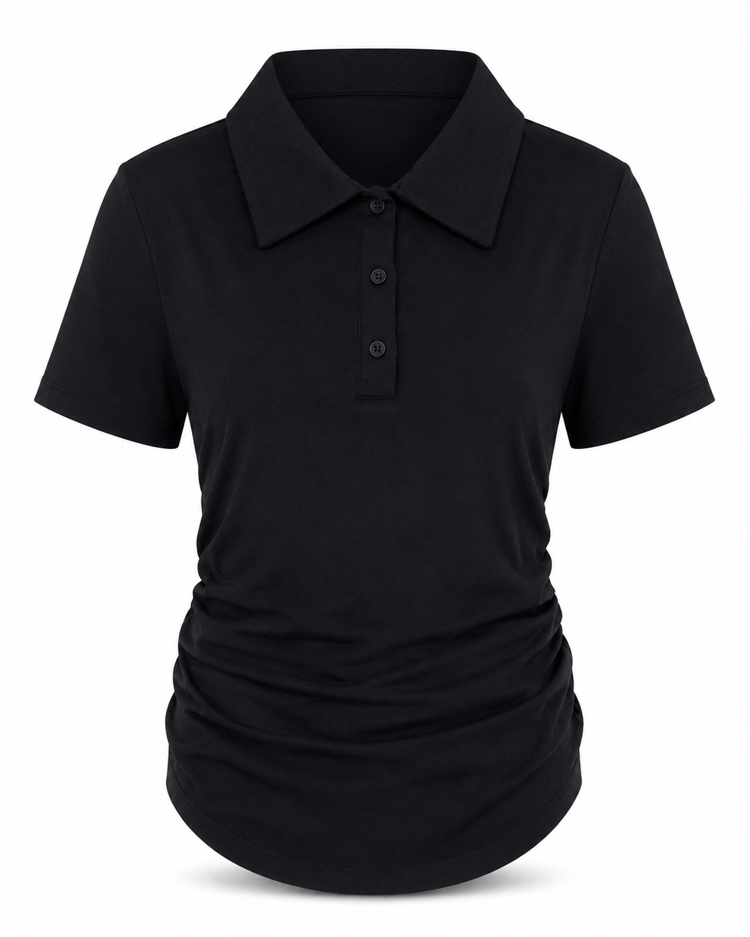 SİYAH BÜZGÜ DETAY POLO YAKA TOP