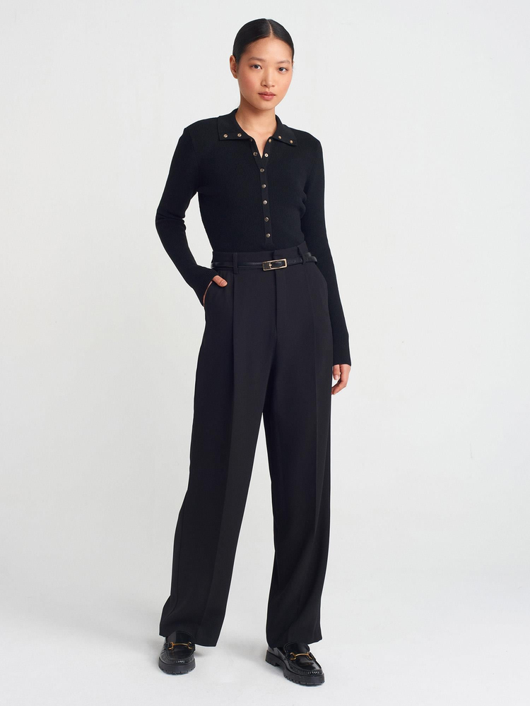 BLACK HIGH-NECK SNAP-BUTTON KNIT SWEATER