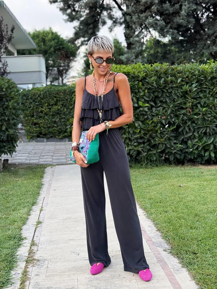SİYAH FIRFIRLI CROP PANTOLON TAKIM