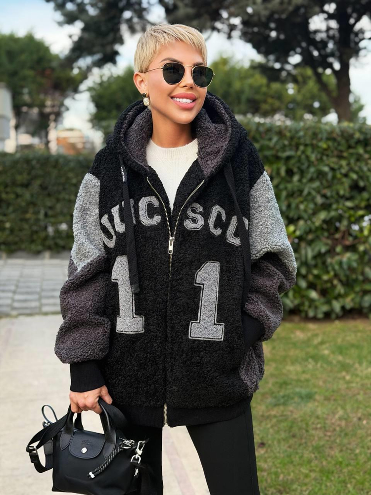 BLACK HOODED COLLAGE TEDDY JACKET