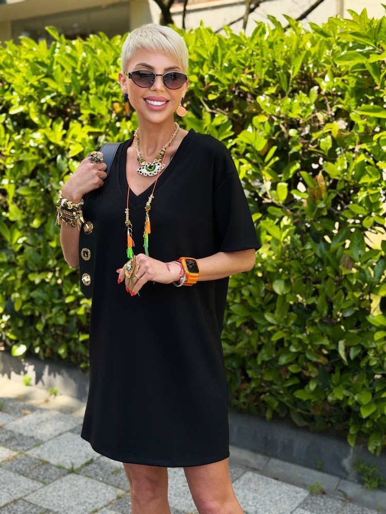 SİYAH S.STUDIO V YAKA BASIC MODAL ELBİSE