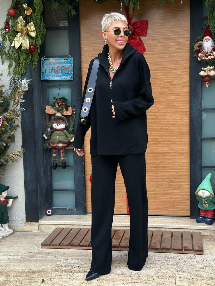 BLACK SELANIK KNIT ZIP-UP SWEATER AND PANTS SET