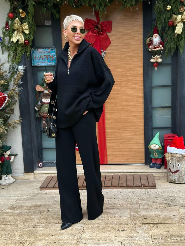 BLACK SELANIK KNIT ZIP-UP SWEATER AND PANTS SET