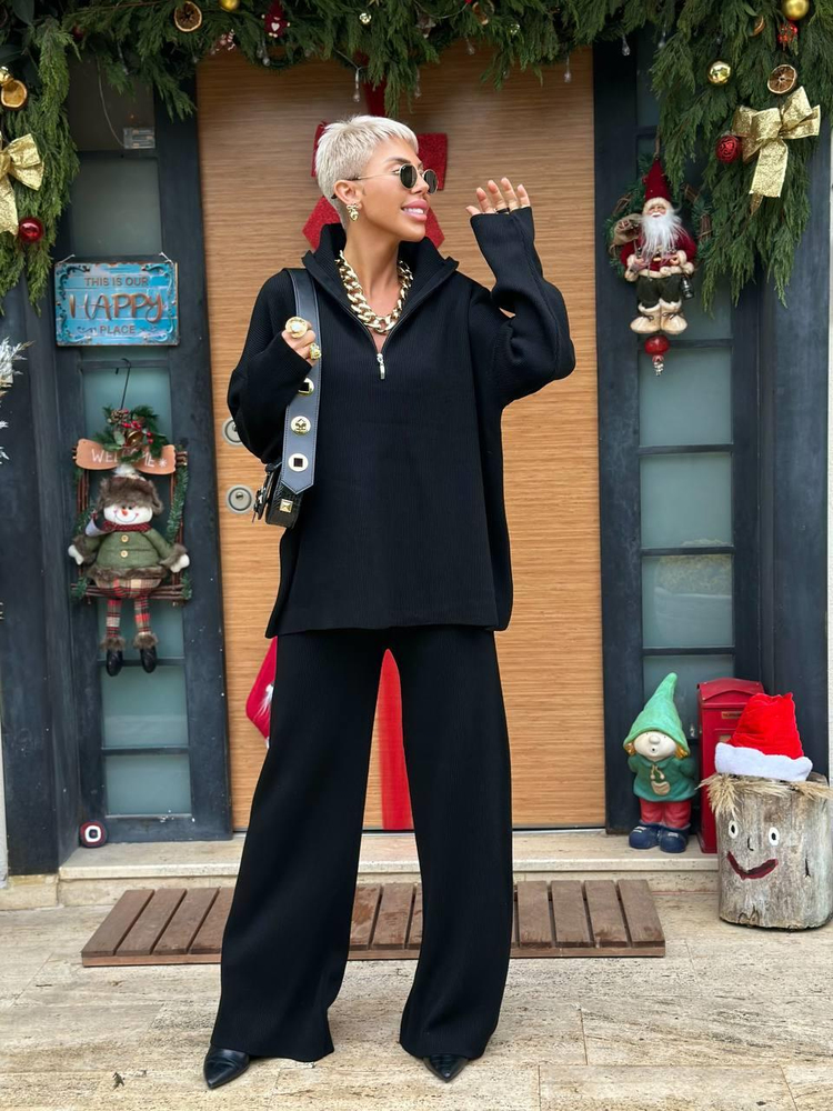 BLACK SELANIK KNIT ZIP-UP SWEATER AND PANTS SET