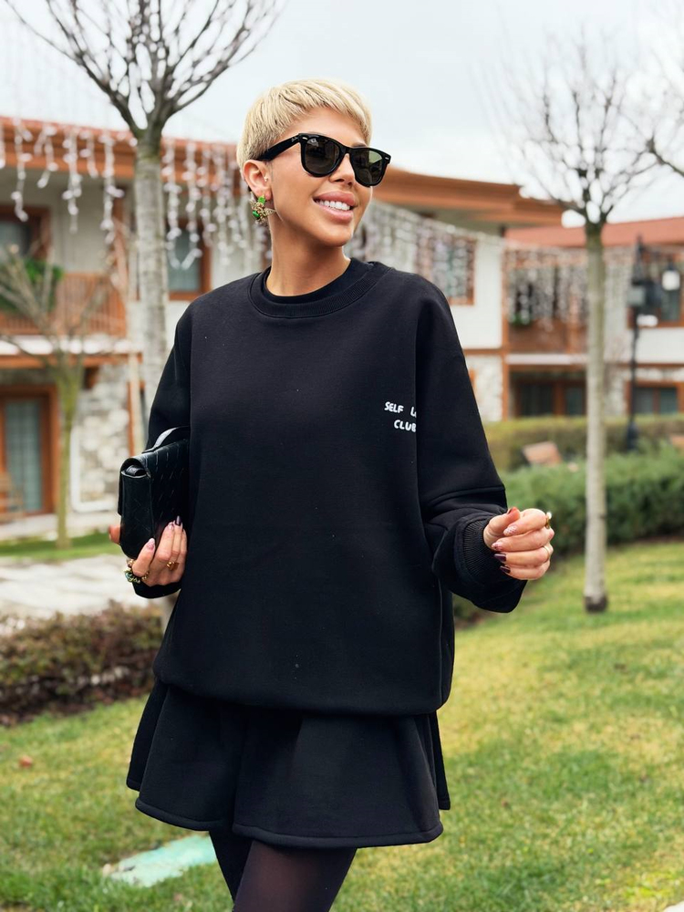 SİYAH SELF LOVE SWEATSHIRT ETEK TAKIM