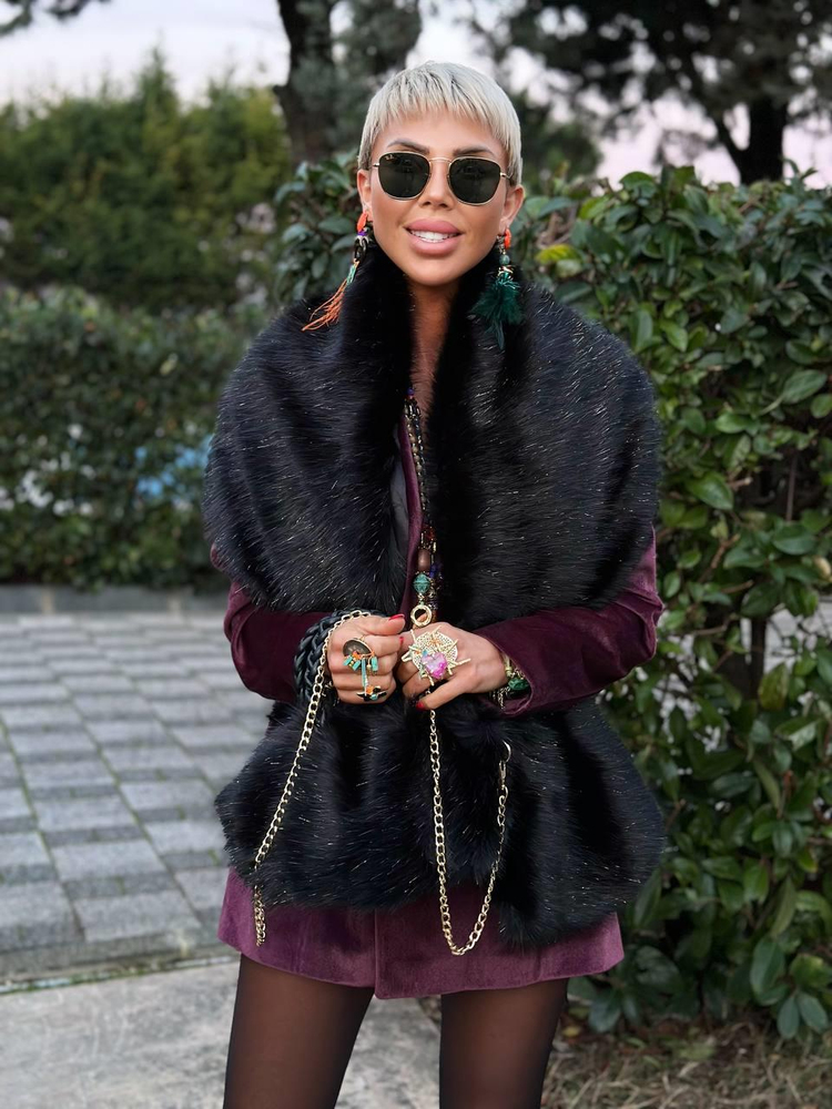 BLACK GLITTER TEDDY FAUX FUR NECK WARMER / STOLE