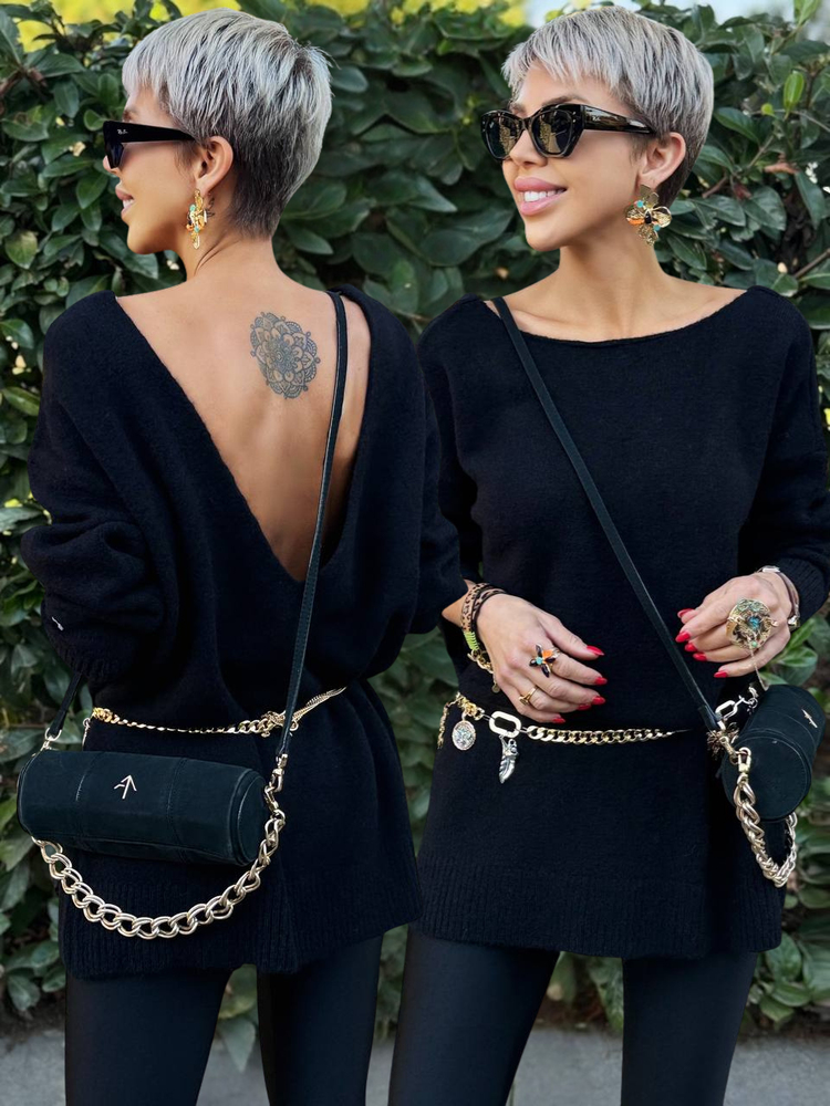 BLACK WOOL BLEND V-BACK SWEATER DRESS 
