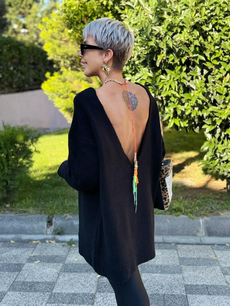 BLACK WOOL BLEND V-BACK SWEATER DRESS 
