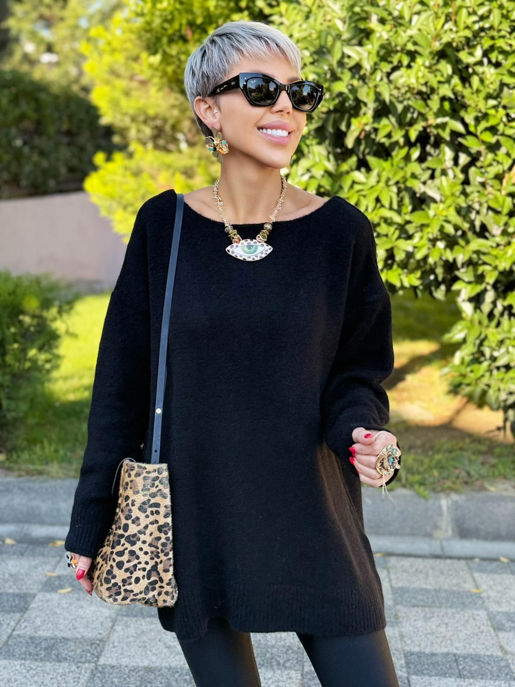 BLACK WOOL BLEND V-BACK SWEATER DRESS 