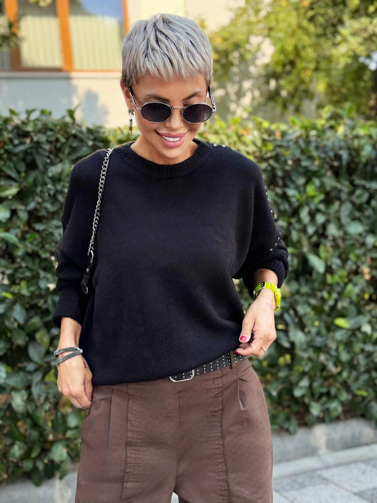 BLACK STUDDED WOOL SWEATER