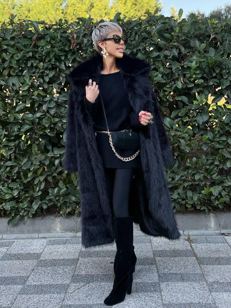 BLACK COLLARED LONG FAUX FUR COAT