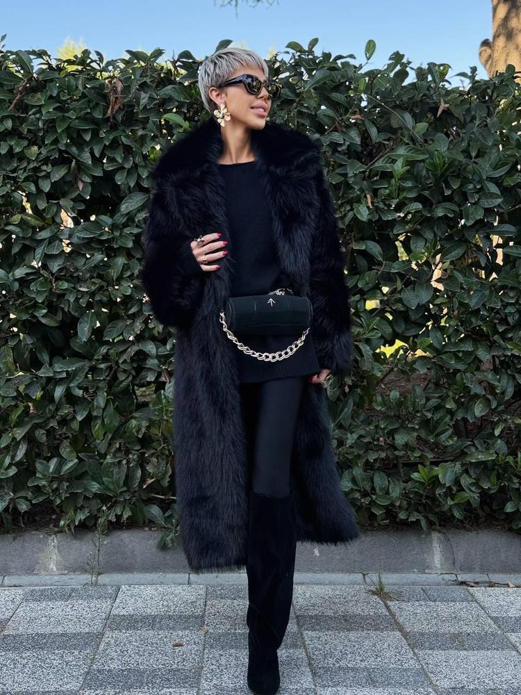 BLACK COLLARED LONG FAUX FUR COAT
