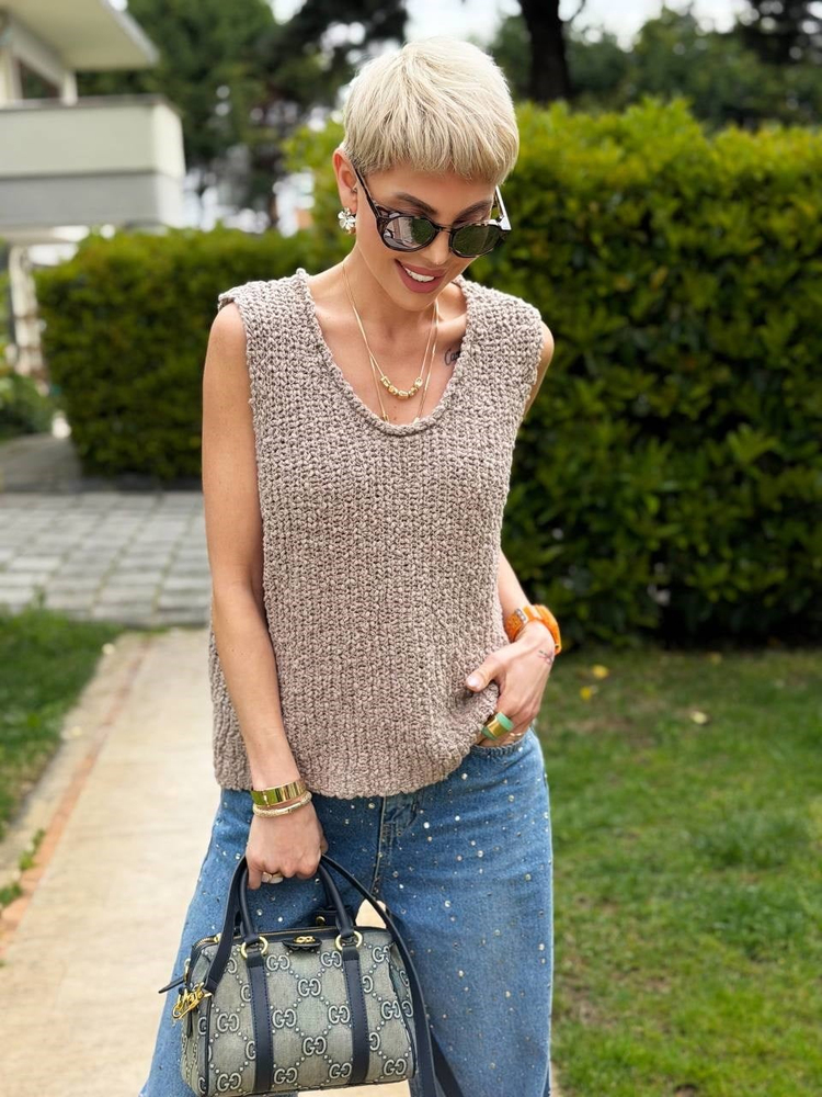 VİZON KNITLE KOLSUZ RAHAT TRİKO TOP