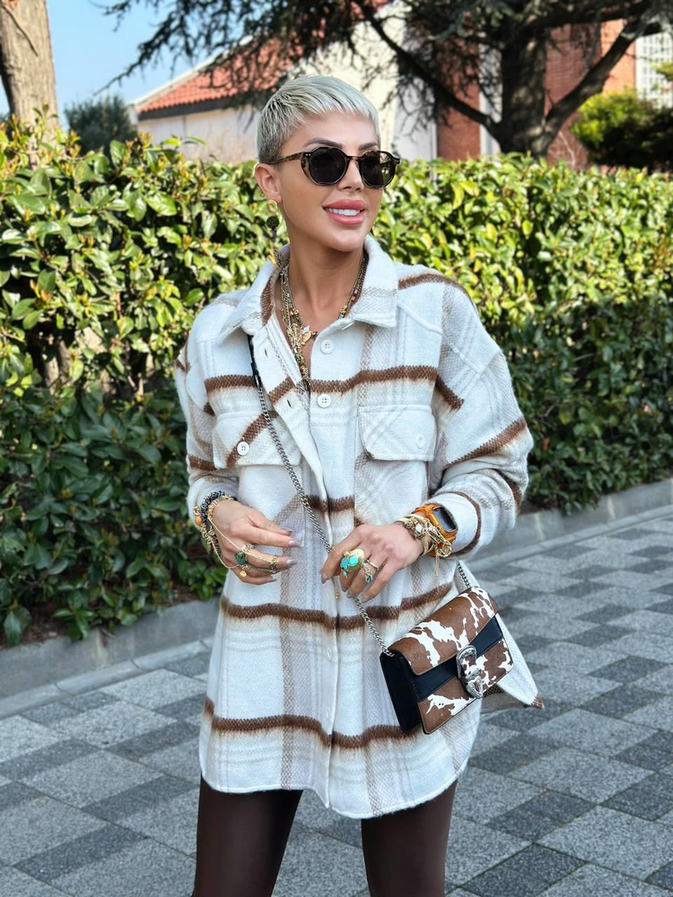 TAUPE OVERSIZE CHECKERED SHIRT