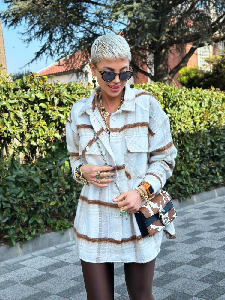 TAUPE OVERSIZE CHECKERED SHIRT