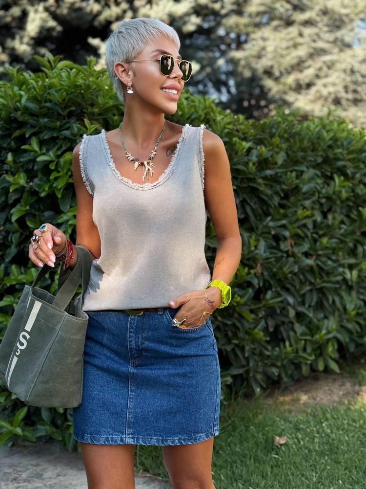 TAUPE FRINGED SLEEVELESS IMPORTED COTTON BLOUSE
