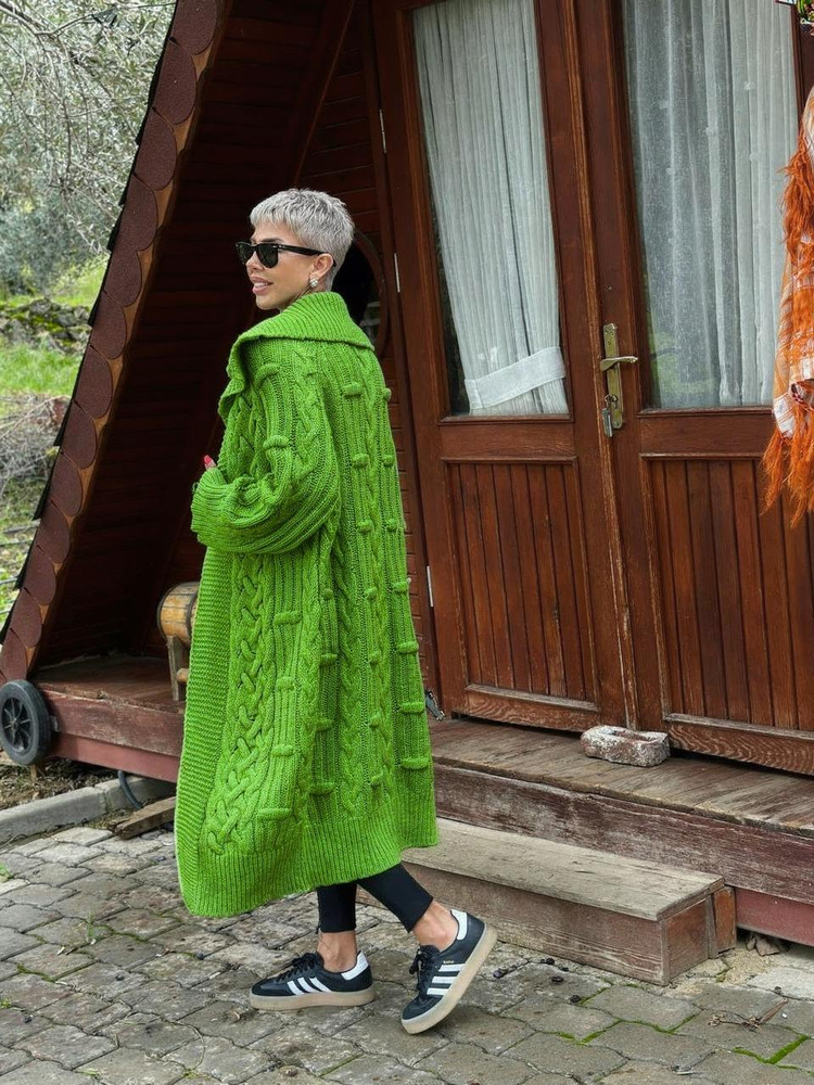 YEŞİL SAÇ ÖRGÜ MAXI TRİKO HIRKA 