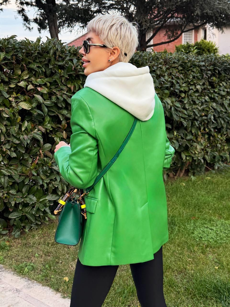 GREEN FAUX LEATHER BLAZER JACKET