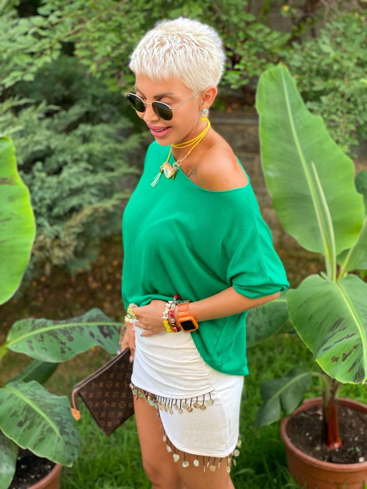 EMERALD GREEN BOAT-NECK MERCERIZED BLOUSE