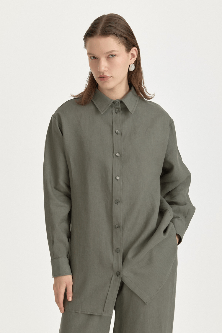 %100 Keten Oversize Gömlek Yaka Tunik Zümrüt - 261TN5096NH.1
