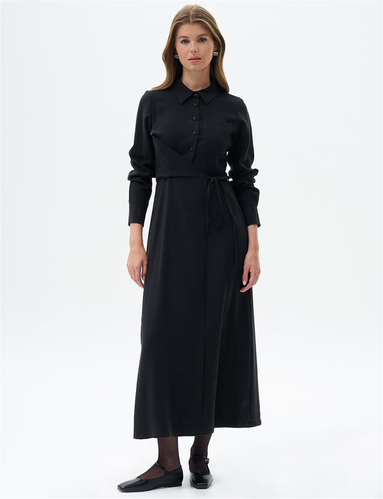 Bel Detaylı Rayon Siyah Elbise