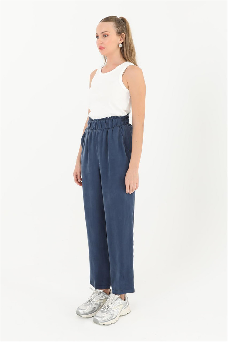 Beli Büzgülü İndigo Pantolon