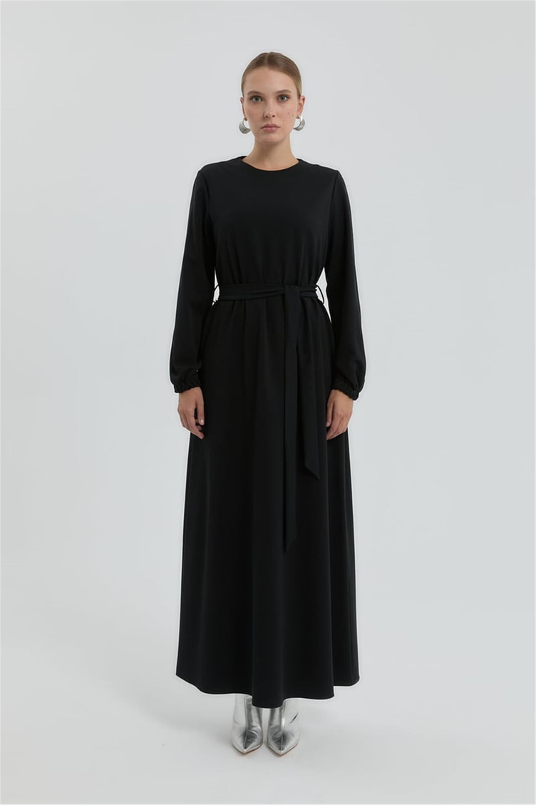 Beli Kuşaklı Basic Elbise Siyah