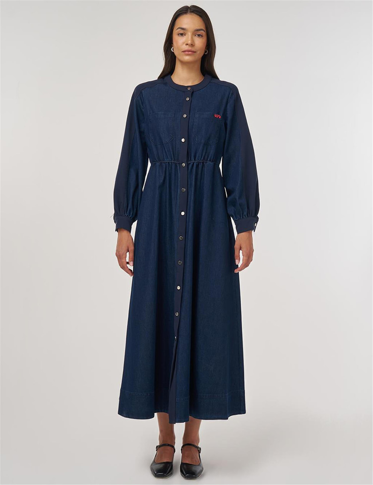 Beli Lastikli Denim Elbise Lacivert