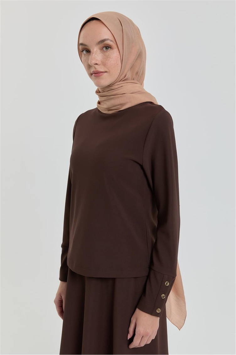 Dik Yaka Örme Basic Bluz Kahve