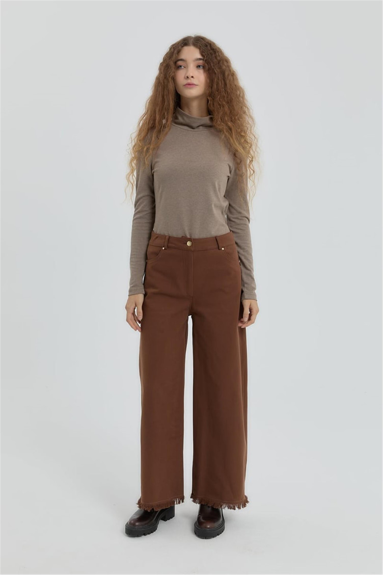 Gabardin Beli Lastikli Bol Paça Pantolon Kahve