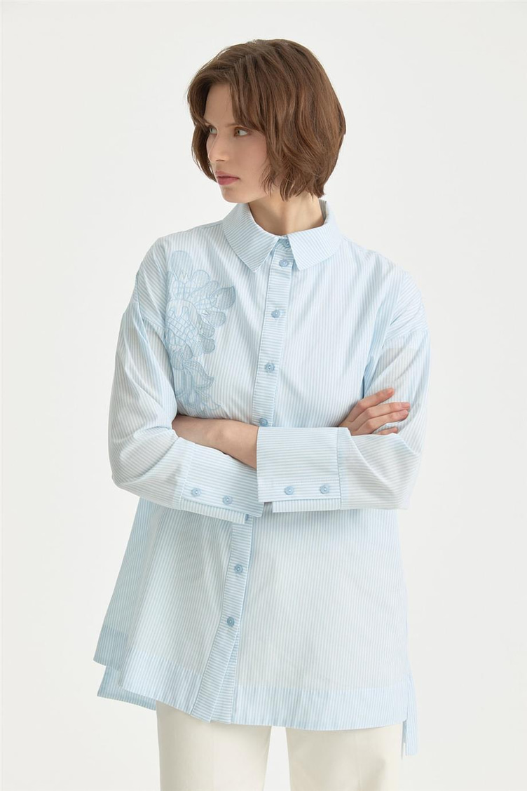 Nakış Detaylı Çizgili Pamuk Tunik Aqua - 261TN4039NH.1
