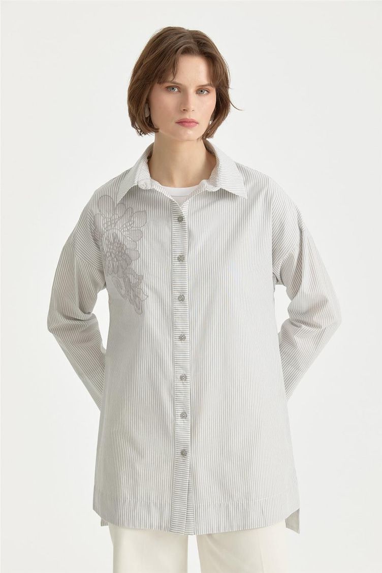 Nakış Detaylı Çizgili Pamuk Tunik Gri - 261TN4039NH.1