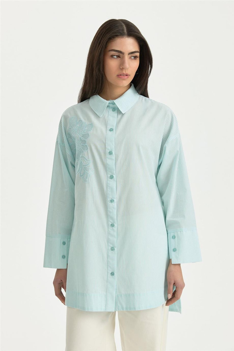 Nakış Detaylı Çizgili Pamuk Tunik Mint - 261TN4039NH.1