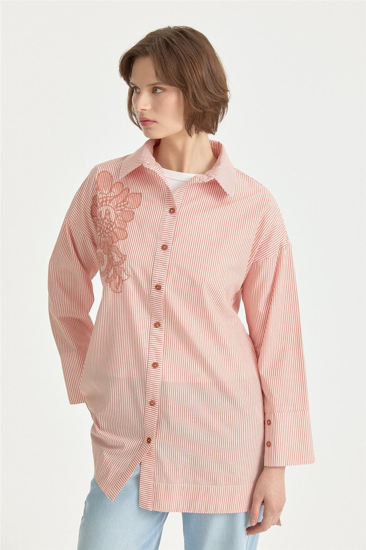 Nakış Detaylı Çizgili Pamuk Tunik Oranj - 261TN4039NH.1