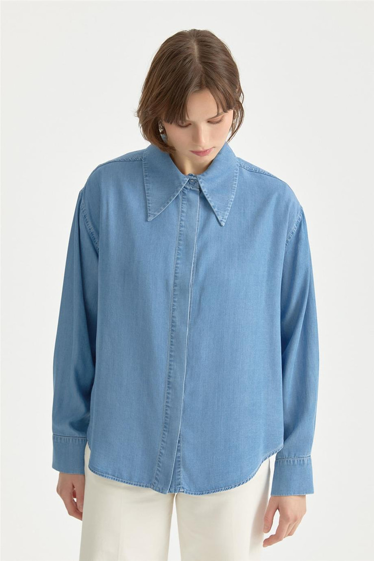 Sivri Yaka Tencel Gömlek Buz Mavi - 261GO3147NH.1