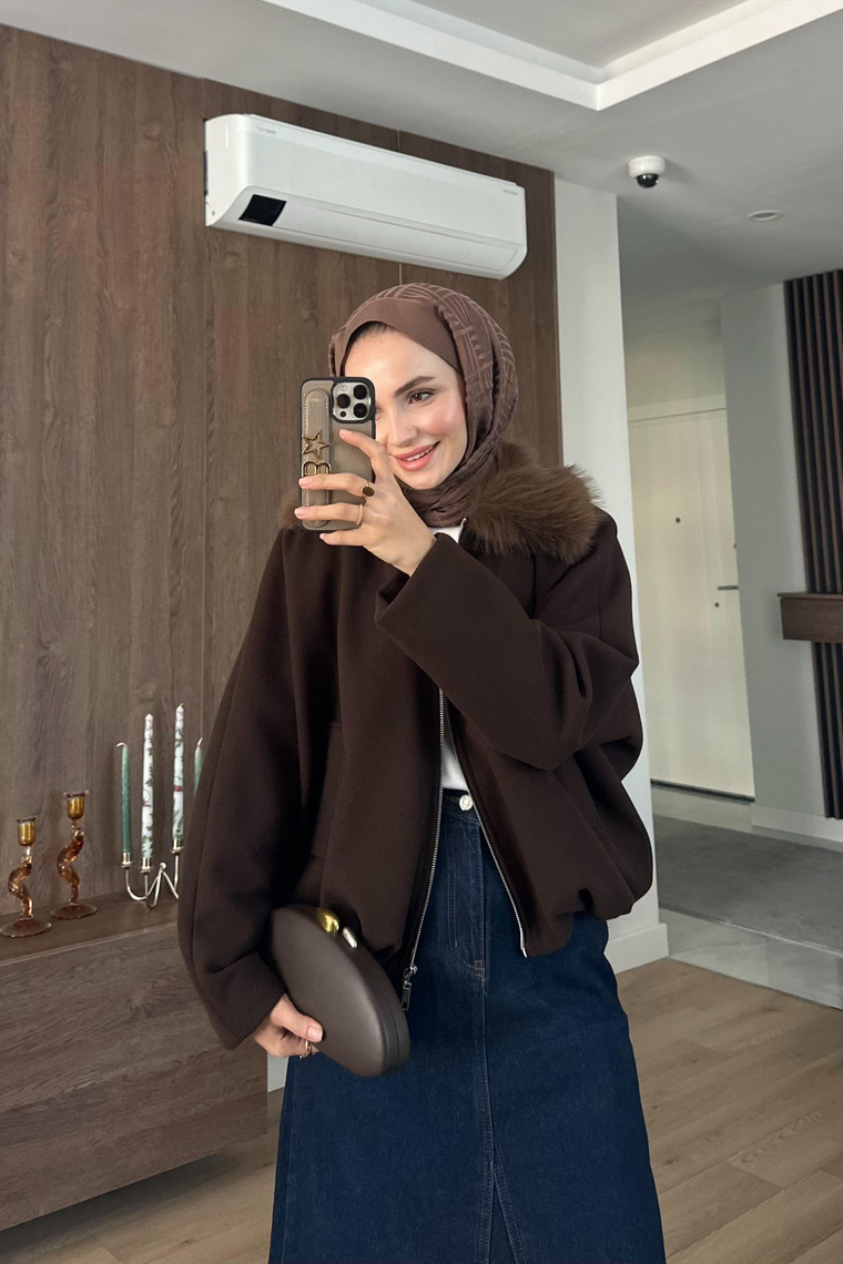 Aniee Kürk Detay Kısa Ceket - KAHVE