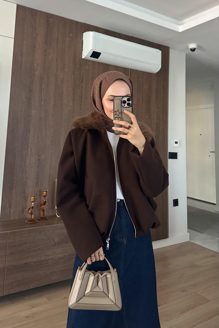Aniee Kürk Detay Kısa Ceket - KAHVE